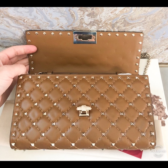 Valentino Rockstud Spike Brown Chain Clutch Bag - Picture 5 of 8